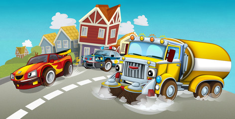 cartoon summer scene with cleaning cistern car driving through the city and police chase with sports car driving near - illustration for children