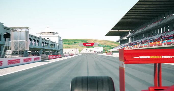 Formula one racing car crossing finish line and winning the race - Close Up Shot. High quality 3d animation