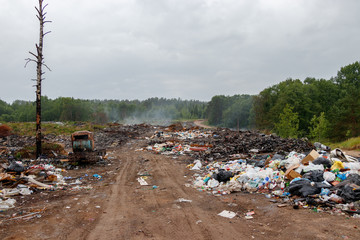 Road to landfill. A lot of plastic trash. Dead tree Broken tracked tractor bulldozer. There is smoke from burning garbage.