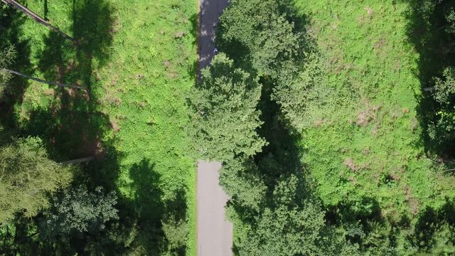  Bike Rider Filmed in Forrest on a road with drone and Top Down Birds Eye Aerial View