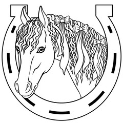 Horse - outline drawing coloring book, good luck charm