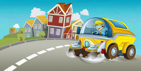 cartoon summer scene with cleaning car driving through the city - illustration for children