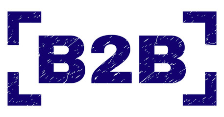 B2B title seal imprint with corroded texture. Text title is placed between corners. Blue vector rubber print of B2B with corroded texture.
