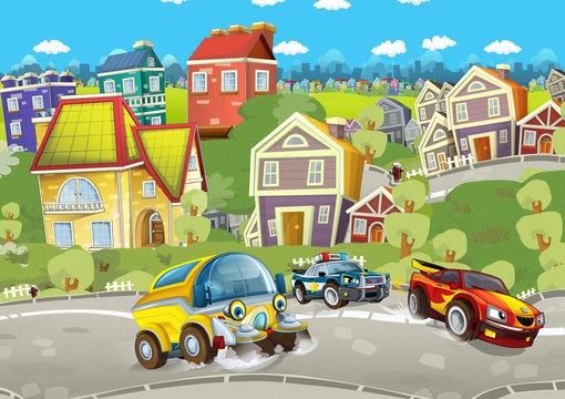 cartoon summer scene with cleaning cistern car driving through the city and police chase with sports car driving near - illustration for children © honeyflavour