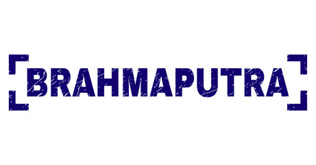 BRAHMAPUTRA label seal print with distress texture. Text tag is placed inside corners. Blue vector rubber print of BRAHMAPUTRA with grunge texture.