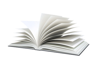 Open blank book on white background.