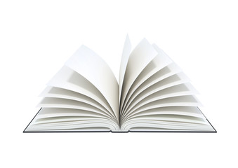 Open blank book on white background.