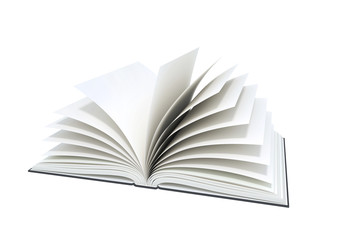 Open blank book on white background.