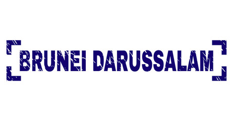 BRUNEI DARUSSALAM text seal stamp with corroded texture. Text tag is placed between corners. Blue vector rubber print of BRUNEI DARUSSALAM with dust texture.