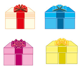Varicoloured boxes with gift decorated by bow