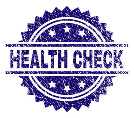 HEALTH CHECK stamp seal watermark with distress style. Blue vector rubber print of HEALTH CHECK tag with dirty texture.