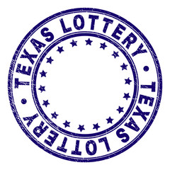 TEXAS LOTTERY stamp seal imprint with distress texture. Designed with round shapes and stars. Blue vector rubber print of TEXAS LOTTERY caption with grunge texture.