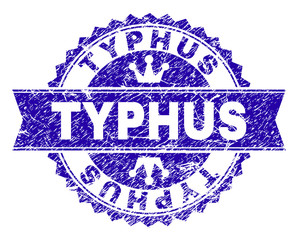 TYPHUS rosette stamp overlay with grunge style. Designed with round rosette, ribbon and small crowns. Blue vector rubber print of TYPHUS tag with grunge style.