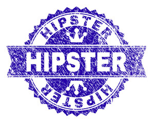 HIPSTER rosette seal imprint with grunge style. Designed with round rosette, ribbon and small crowns. Blue vector rubber print of HIPSTER label with grunge style.