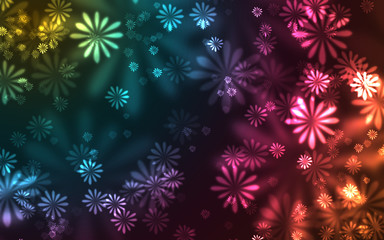 Many glowing colorful flowers on a dark background 