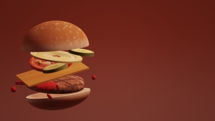 3D Hamburger on red background for food content.
