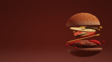 3D Hamburger on red background for food content.