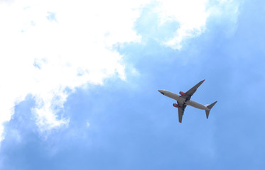 Fototapeta na wymiar Image of a plane is flying in cloudy blue sky. The way of transportation in modern world. The symbol of going directly to the goal of business. 