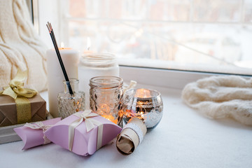 paraffin wax candles and one tealight in a glass candle holder and aroma stick, romantic gift...