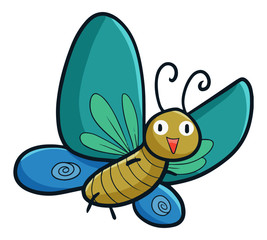 Funny and cute beautiful blue green butterfly flying and smiling - vector