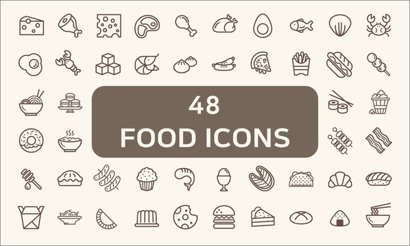 Set of 48 Food Related Vector Line Icons. Stroke icons set. Collection Of food, restaurant, chicken, pizza, dessert And Other Elements. customize color, stroke width control , easy resize.