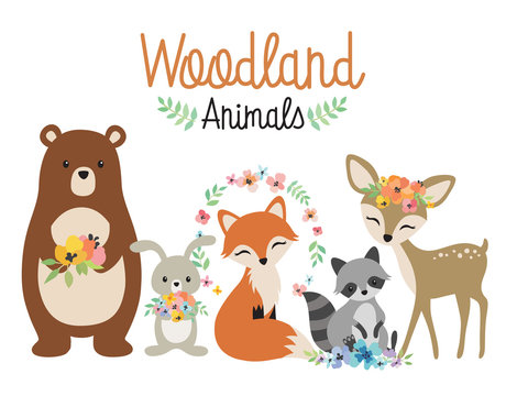 Cute woodland forest animals vector illustration including bear, bunny rabbit, fox, raccoon, and deer.