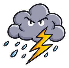 Funny and cute cloud with rain and thunder - vector