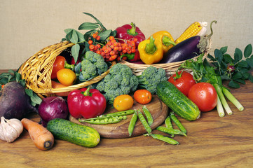 Various appetizing vegetables on the kitchen board. Close-up. 