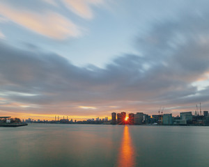 Fototapeta na wymiar Manhattan skyline at sunset viewed from Long Island City, in New York City, USA