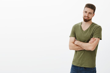 Come on, quit joking, let get to business. Portrait of handsome enthusiastic bearded guy in confident pose cross hands against body and smirking delighted, assured over white background