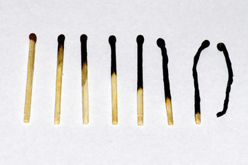 the evolution of matches from new to completely burnt as a symbol of aging or burnout.