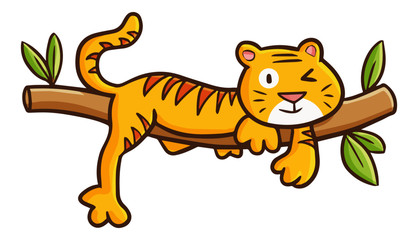 Cute and funny tiger hanging on the tree - vector