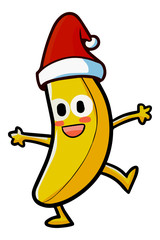 Cute and funny banana wearing Santa's hat for christmas, dancing and laughiing - vector.