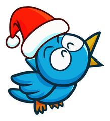 Cute and funny blue bird wearing Santa's hat for christmas singing happily and flying - vector.