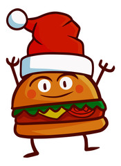 Cute and funny hamburger smiling happily, waving its hand and wearing Santa's hat for christmas - vector.