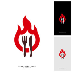 Hot Steak Logo Vector with Flame, Fork, and knife shape. Food Fire Logo Template - Vector