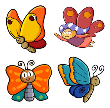 Funny and cute bright color butterfly set flying happily - vector.