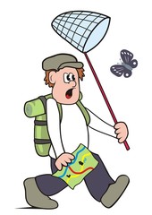Man with net on butterflies, funny vector illustration