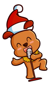 Cute and funny brown dog singing and wearing Santa's hat for christmas - vector.