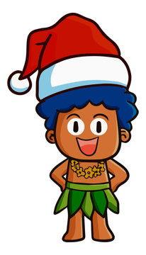 Cute and funny Hawaiian man wearing Santa's hat for christmas. standing and laughing happily - vector.