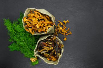 Top view composition of dry boletus and chanterelles mushrooms placed in canvas with dill and...