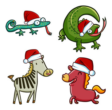 Cute and funny lizzards & horses wearing Santa's hat for christmas celebration - vector