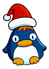 Cute and funny fat blue penguin with yellow hair wearing Santa's hat - vector.