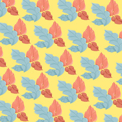 Naklejka na ściany i meble Seamless leaf pattern with yellow background for wallpaper and clothes