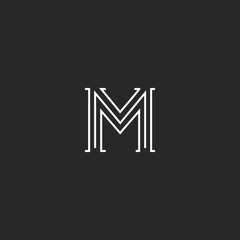 Logo M letter medieval with old serif. Old minimalist style typography design element.