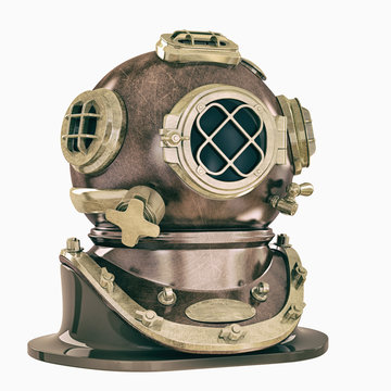 Old fashioned diving helmet on white WW2  02 USA 3d illustration