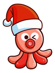 Funny and cute pink squid wearing Santa's hat for christmas and smiling - vector.