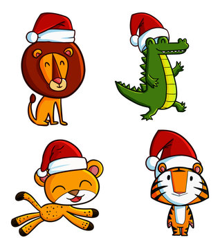 Cute and funny wild animals wearing Santa's hat for christmas celebration - vector