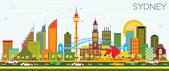 Sydney Australia City Skyline with Color Buildings and Blue Sky.
