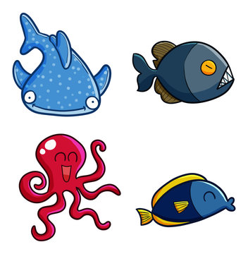 Funny and cute fish and squid set - vector.